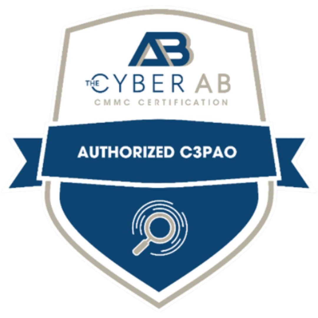 Badge displaying "The Cyber AB CMMC Certification" with "Authorized C3PAO" text and a magnifying glass icon on a shield with a blue ribbon.