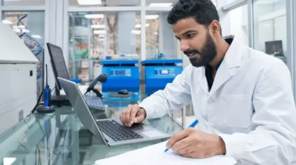 A man in a lab coat works at a glass desk with a laptop, taking notes on paper in a laboratory setting.
