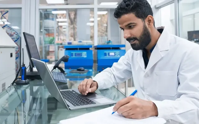A man in a lab coat works at a glass desk with a laptop, taking notes on paper in a laboratory setting.