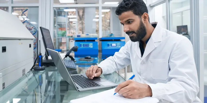 A man in a lab coat works at a glass desk with a laptop, taking notes on paper in a laboratory setting.