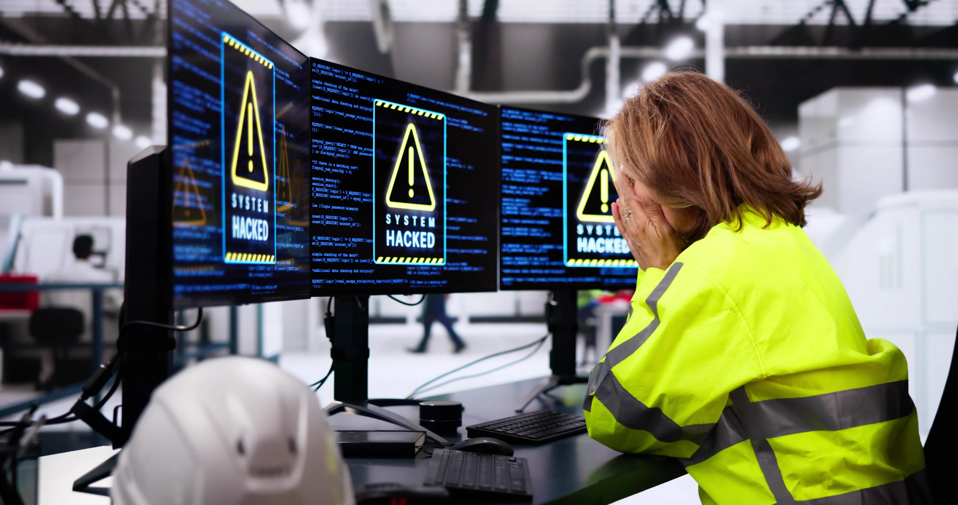 A person in a high-visibility jacket looks at computer monitors displaying "SYSTEM HACKED" warnings in an industrial control room.