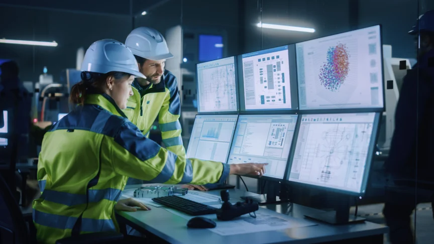 Two engineers in safety gear work at a desk with multiple monitors displaying technical diagrams, charts, and 3D data visualizations in a control room environment.
