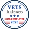 Circular badge displaying "VETS Indexes 3 Star Employer 2026" with three blue stars and red stripes.